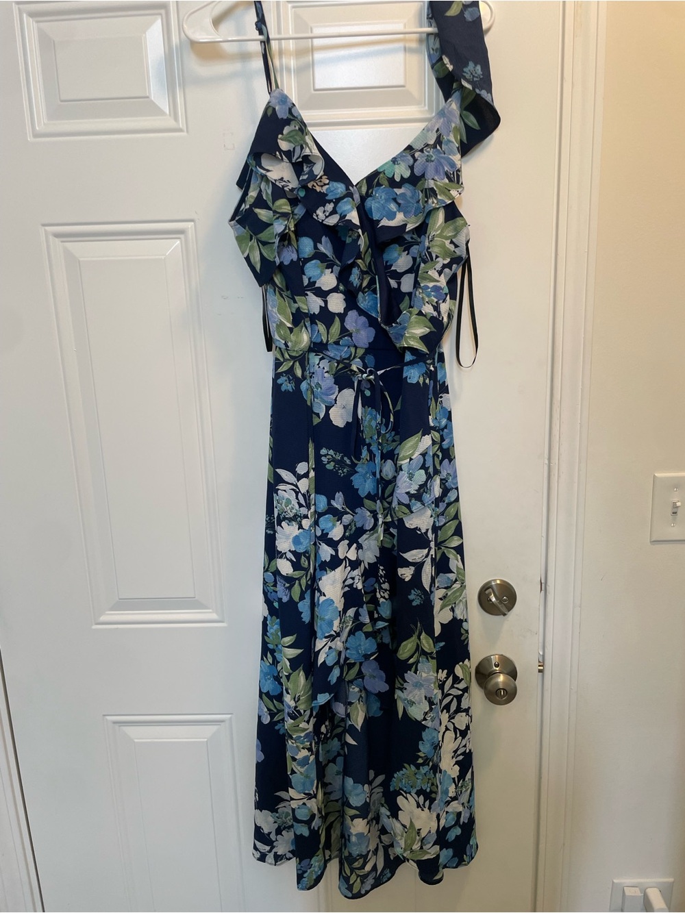 Women’s Floral Navy Blue Ruffle Wrap High Low Dress Size XL